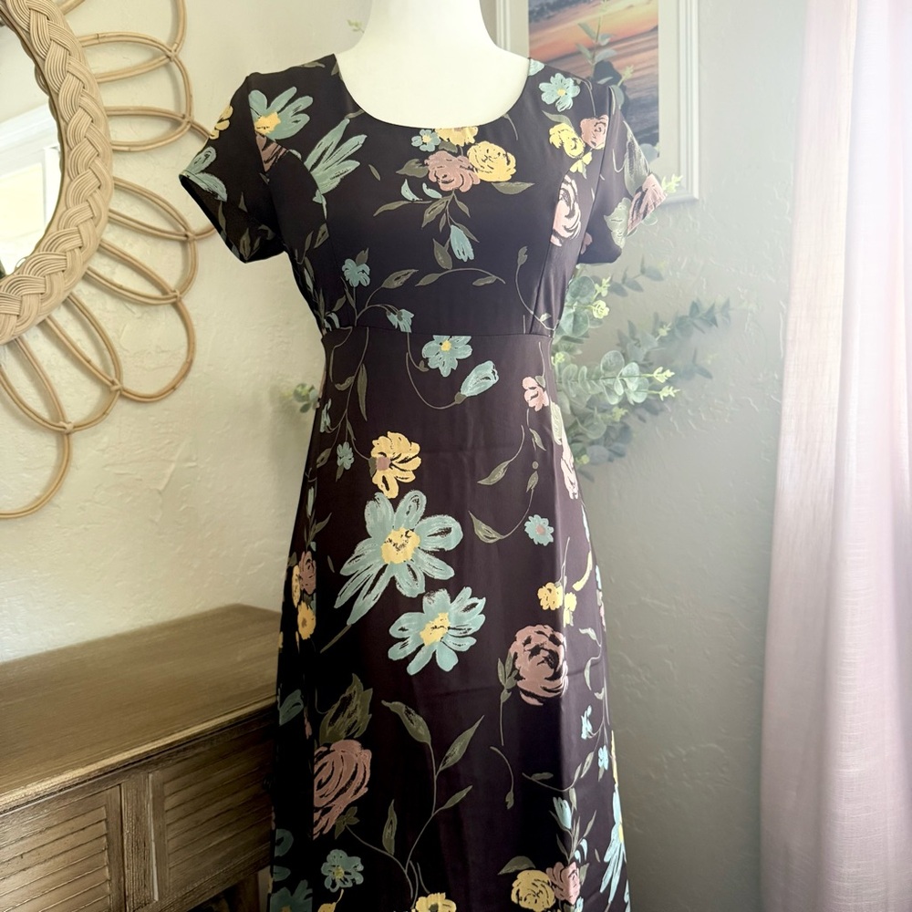 Vintage 90s Floral Cottagecore Granny Deadstock Brown Flower Maxi Dress